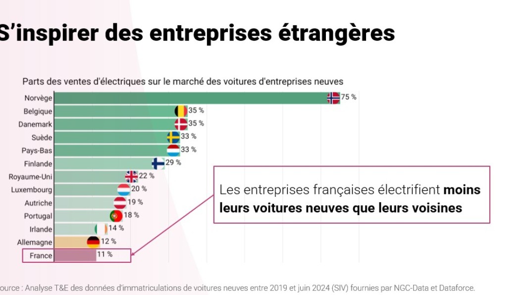 Diapositive réalisée par l'ONG Transport&Environment France au sujet de la part des ventes de voitures électriques sur le marché des véhicules neufs d'entreprise