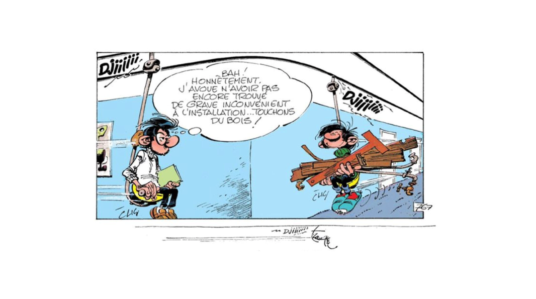 Extrait de l'album "Le géant de la gaffe", montrant une collision imminente entre Léon Prunelle et Gaston Lagaffe